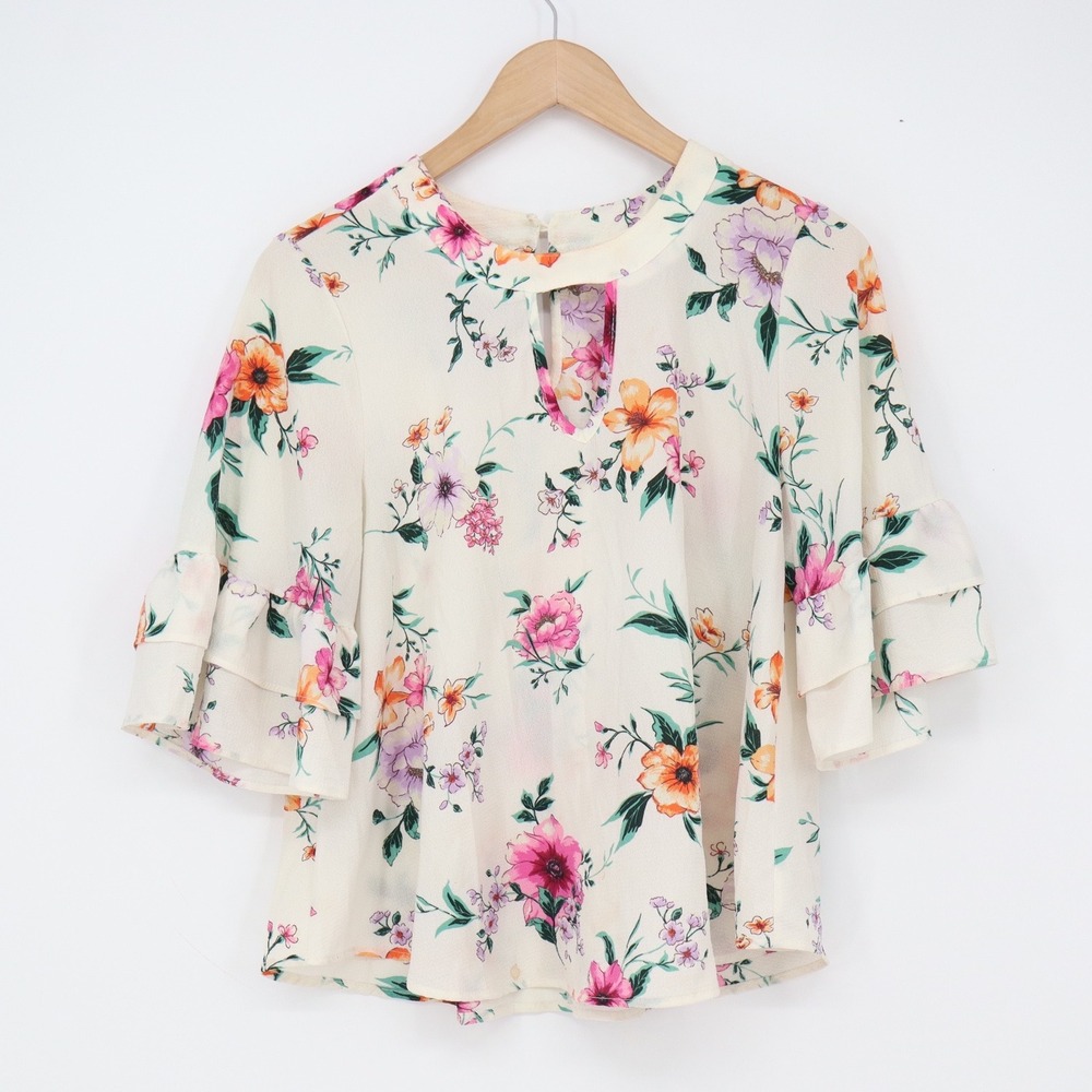 Urban Romantics Blouse Women S Floral Tiered Ruffle Sleeve Cream Keyhole Fair